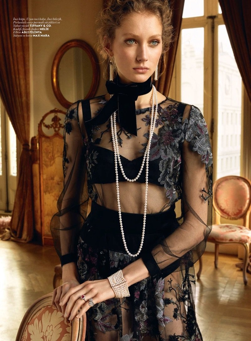 Sandra Martens models Tiffany & Co. jewelry with Melie choker, Asli Philante dress and Max Mara lingerie