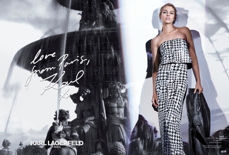 Stella Maxwell poses in houndstooth print dress for Karl Lagerfeld’s fall-winter 2017 campaign