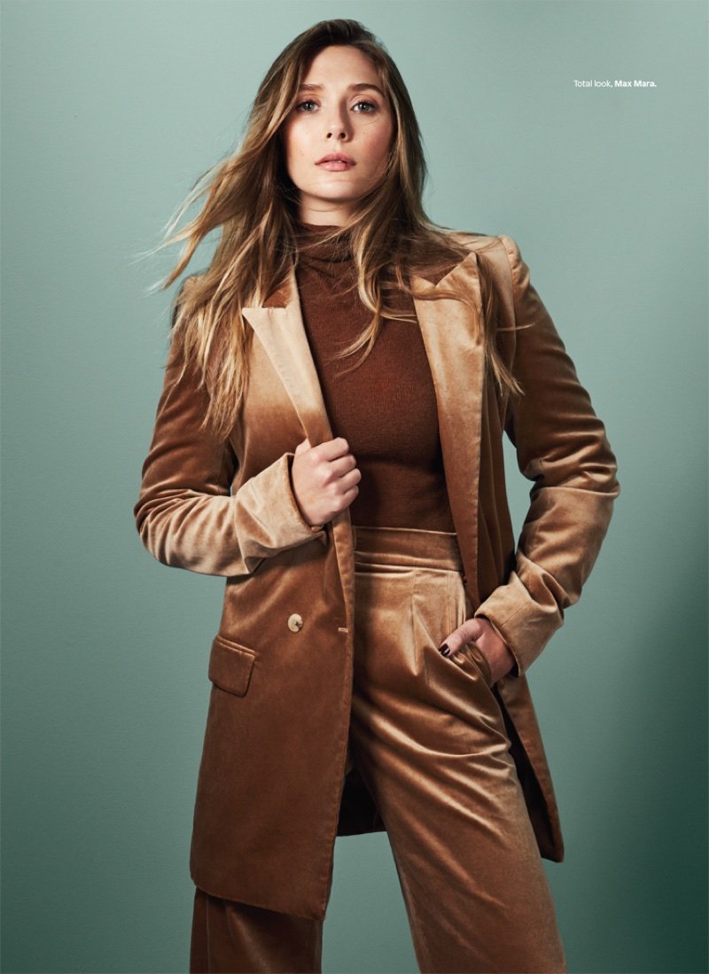 Suiting up, Elizabeth Olsen wears Miu Miu pantsuit