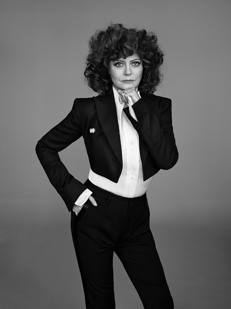 Actress Susan Sarandon poses in Off-White jacket, Ellery blouse and Saint Laurent trousers