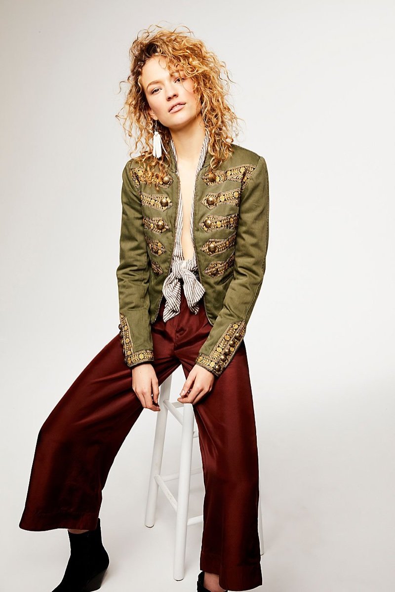 Free People Twill Band Jacket, Meridien Silk Pant and Raven & Riley Tahiti Stone Drop Leather Hoops