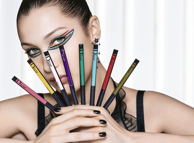 Model Bella Hadid poses with Diorshow On Stage Liner by Dior