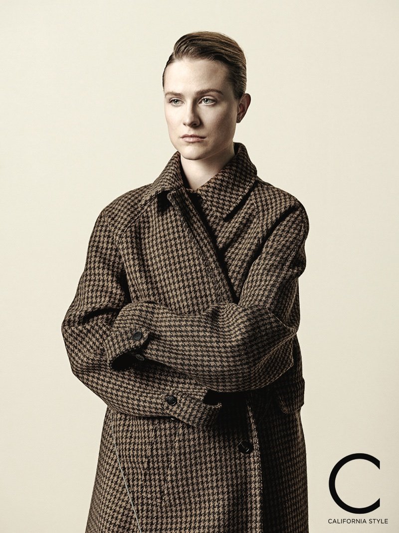 Covering up, Evan Rachel Wood poses in Balenciaga coat