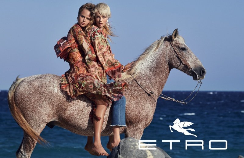 Edie Campbell and Olivia Vinten pose on a horse for Etro spring-summer 2019 campaign