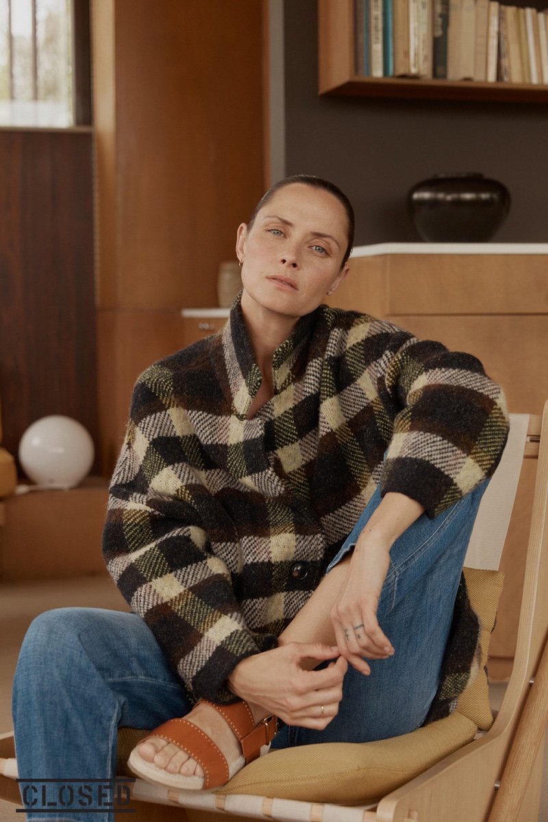 Model Tasha Tilberg wears a plaid jacket for Closed fall-winter 2019 campaign